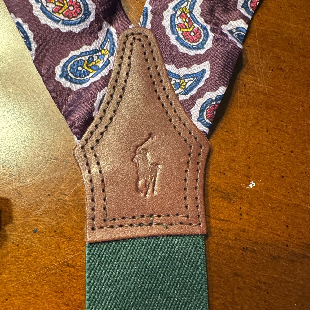 Polo Ralph Lauren Suspenders Purple Paisley Silk Leather Solid Brass Leather